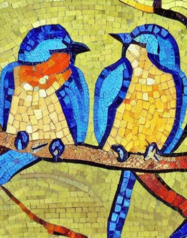 A couple of mosaic birds sitting on top of tree branch
