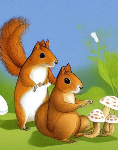 A couple of squirrels and some mushrooms