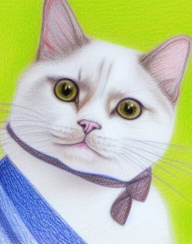 A crayon drawing of a close up cat wearing a white bow tie