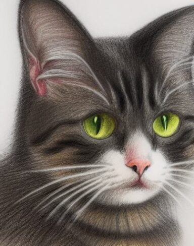 A crayon drawing of close up cat cat wearing a white small bow tie