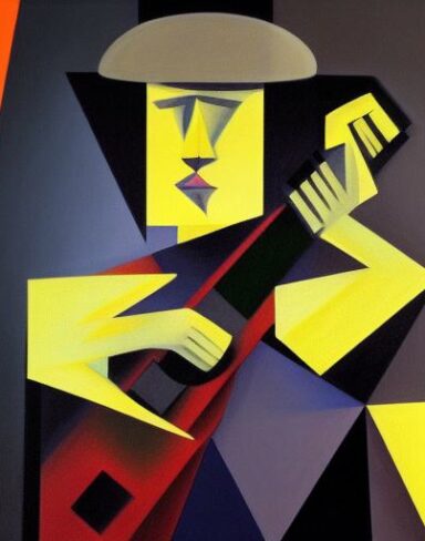 A dark painting of a boy playing a guitar