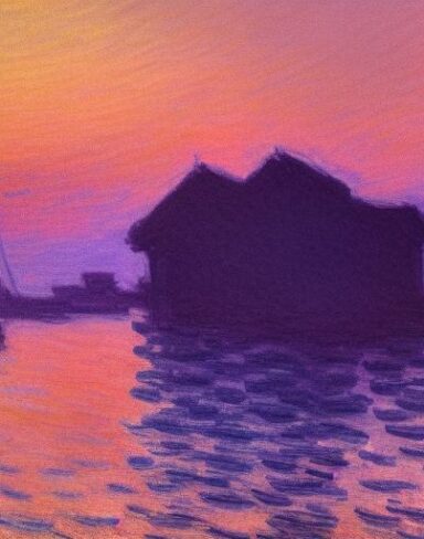 A dark painting of a building next to a body of water at sunset time