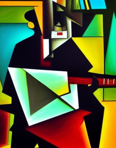 A dark painting of a man playing a guitar