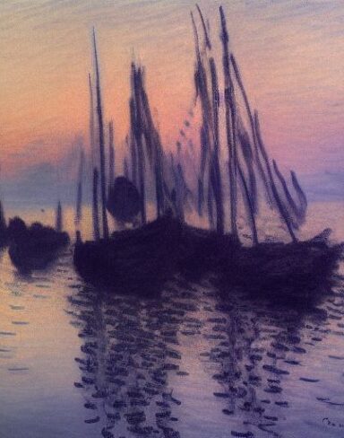 A dark painting of several boats in a body of water at sunset