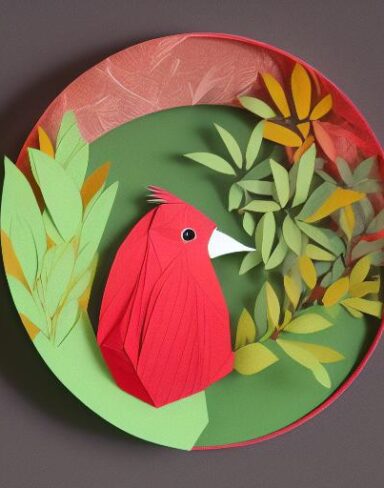 A detailed many layered paper art in a round frame