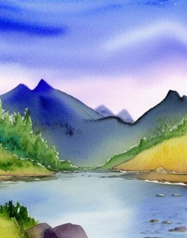 A detailed watercolor painting of a river with a mountain and rocks in the background at night time