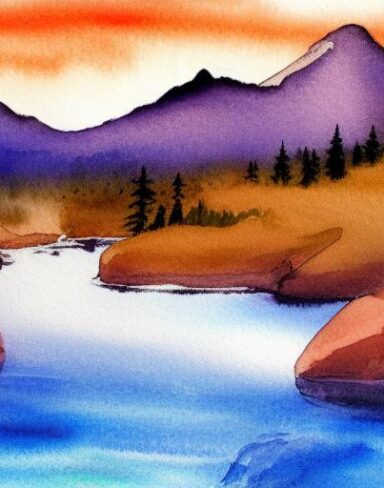 A detailed watercolor painting of a river with a mountain and rocks in the background at sunset