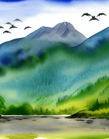 A detailed watercolor painting of a river with a mountain and rocks in the background with birds in the sky