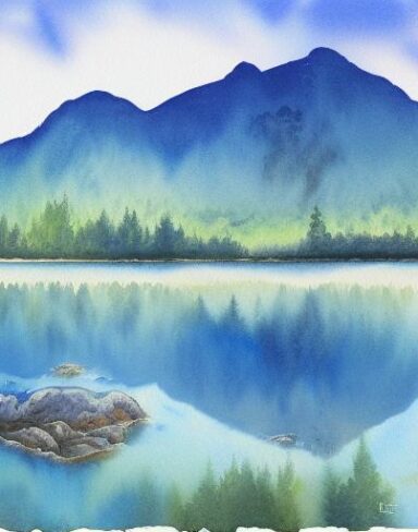 A detailed watercolor painting of a river with a mountain and rocks in the background with birds in the sky