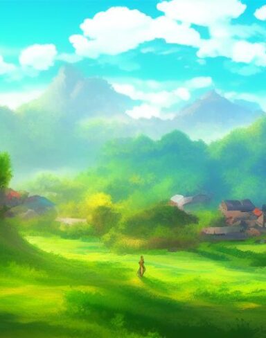 A digital art of a small village mountains