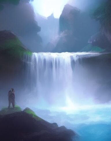 A digital painting of man standing near a waterfall
