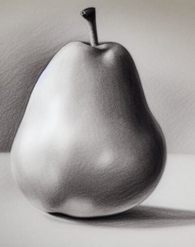 A drawing of a pear and an apple on a table
