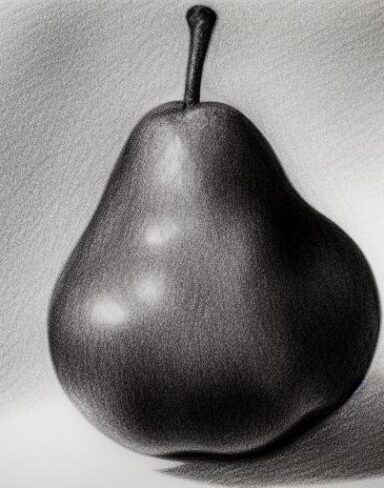 A drawing of a pear on a table