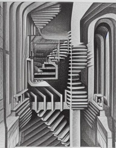 A drawing of a staircase like a maze in a building