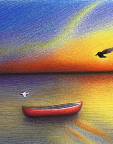 A drawing of a sunset with a bird and a boat