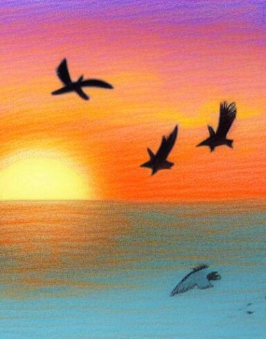 A drawing of a sunset with a some birds