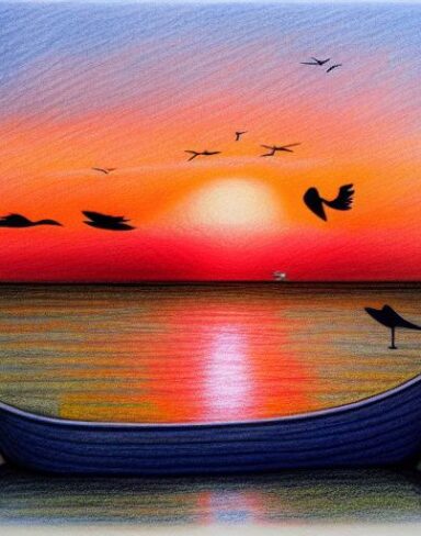 A drawing of a sunset with a some birds and a boat