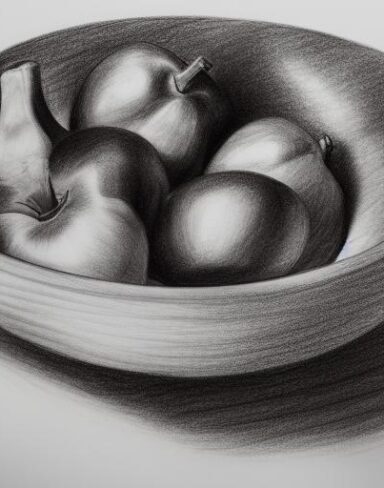 A drawing of fruit bowl on a table