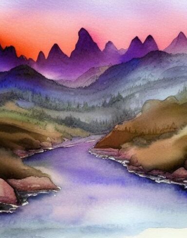 A fantasy detailed watercolor painting of a river with a mountain and rocks in the background at sunset