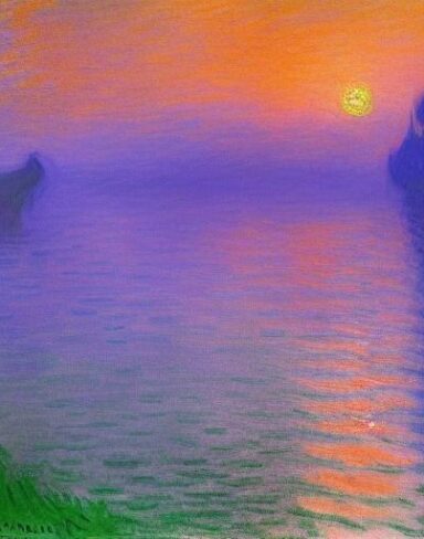 A fantasy painting of a building next to a body of water at sunset time