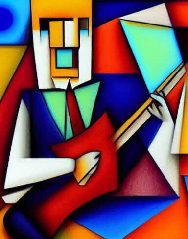 A fantasy painting of a man playing a guitar