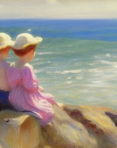 A fantasy painting of two children sitting on a rock by the ocean