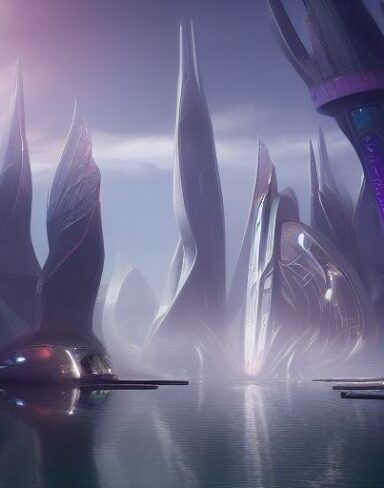 A futuristic city in the middle of a lake