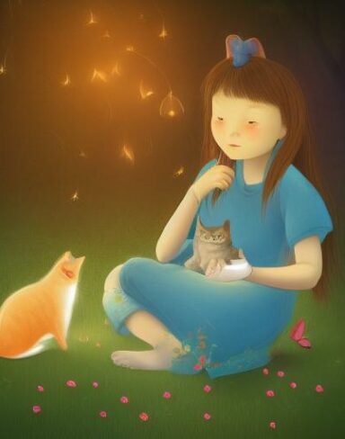A girl sitting next to the cat