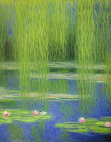A gloomy painting of a pond filled with water lilies