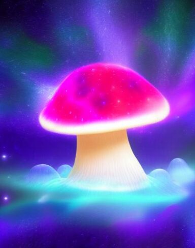 A glowing mushroom on a cloud with stars in the background