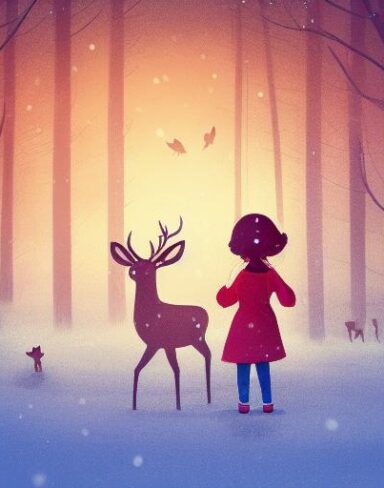 A happy little girl with red hood facing backward standing next to a deer in the snow at evening