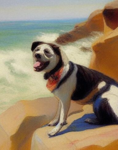 A joyful painting of a dog sitting on a rock by the ocean