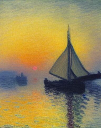 A joyful painting of a giant boat in a body of water at sunset