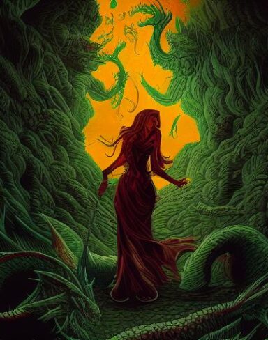 A lady that is standing in front of a dragon in a cave