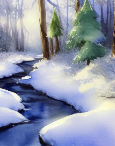 A light watercolor painting of snow-covered trees and a stream with sunshine