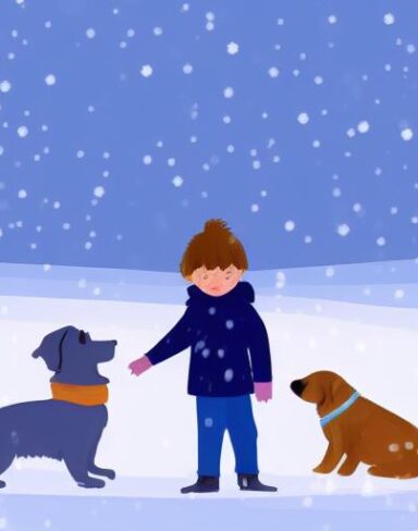 A little boy standing next to a dog in the snow