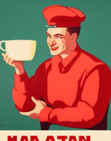 A man holding a cup of milk in front of a plate of dessert