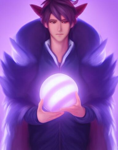 A man in a purple outfit holding a glowing ball