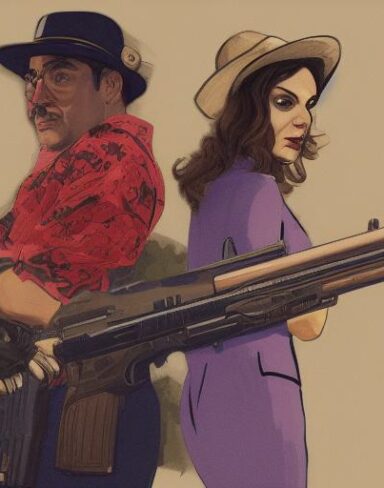 A man standing next to a woman holding a gun