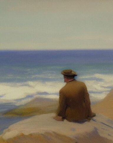 A melancholic painting of a man sitting on a rock by the ocean
