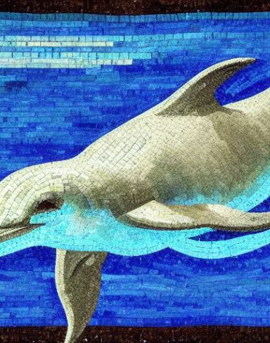 A mosaic of a dolphin swimming in the ocean inspired by Charles Ginner