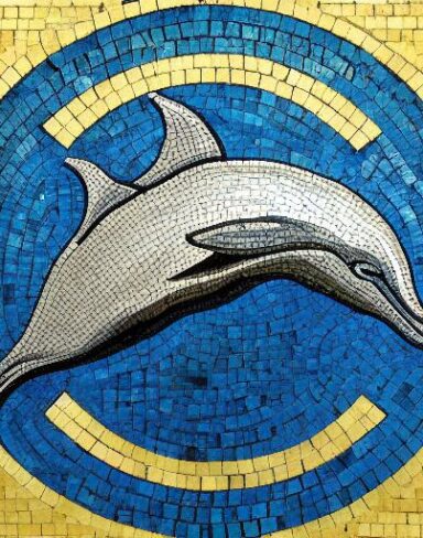 A mosaic of a dolphin swimming inspired by Charles Ginner