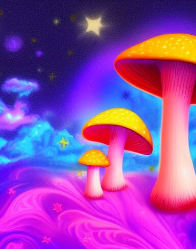 A mushroom on a cloud with stars in the background