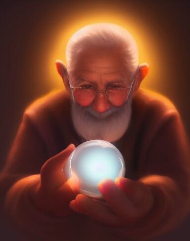 A old man holding a glowing ball in his hand