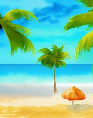 A painting of a beach with a palm tree and some water