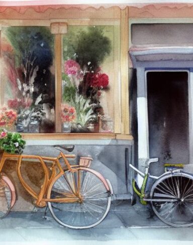 A painting of a bicycle parked in front of a flower shop