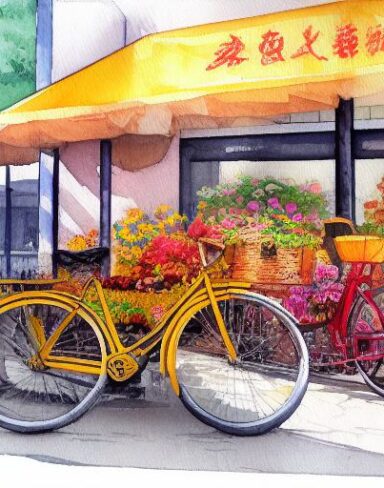 A painting of a bicycle parking in front of a flower mart