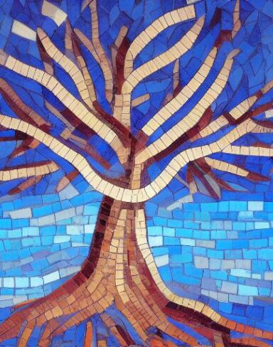 A painting of a big tree and a blue sky