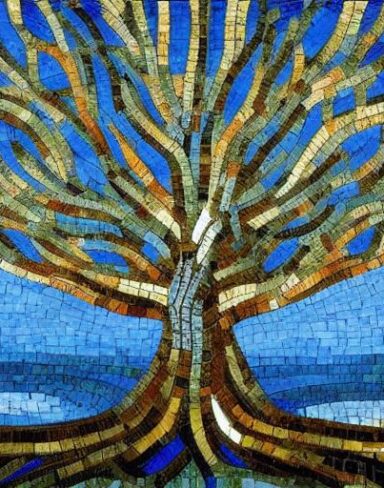 A painting of a big tree with a blue sky and cloud in the background