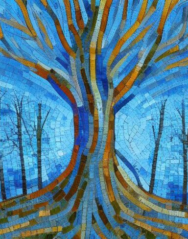 A painting of a big tree with a blue sky in the background